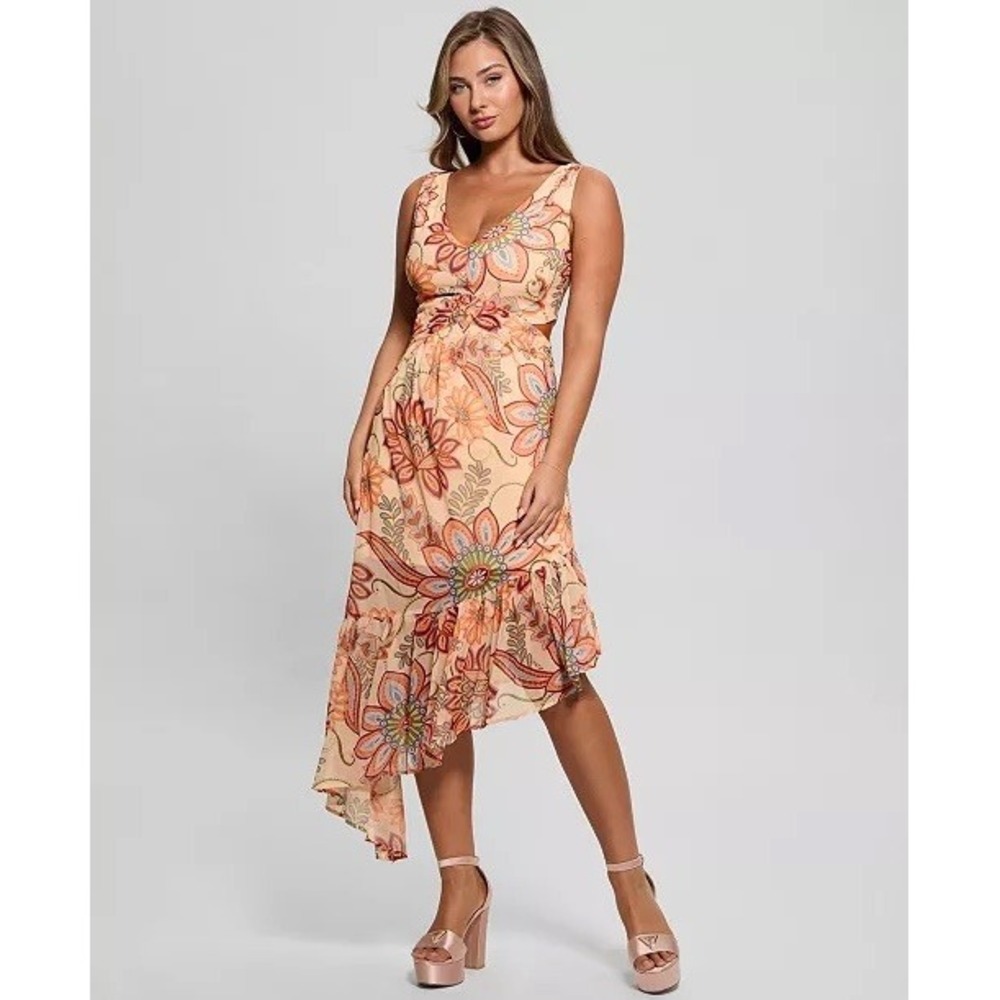 GUESS Women's Sabrina Printed Asymmetric-Ruffle-Hem Dress Sz 8 NWOT
